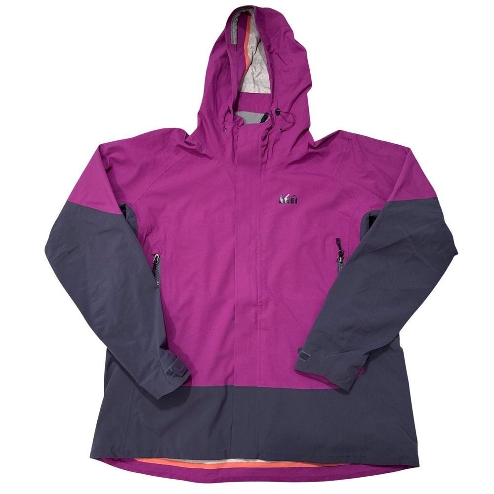 REI Elements‎ Rain Jacket XL Purple Charcoal Grey Waterproof Hooded Shell Mens